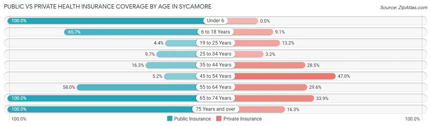 Public vs Private Health Insurance Coverage by Age in Sycamore