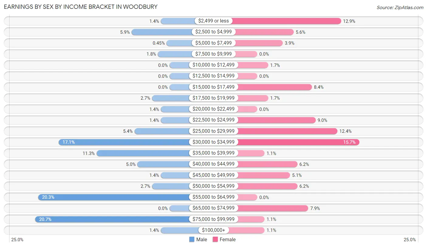 Earnings by Sex by Income Bracket in Woodbury