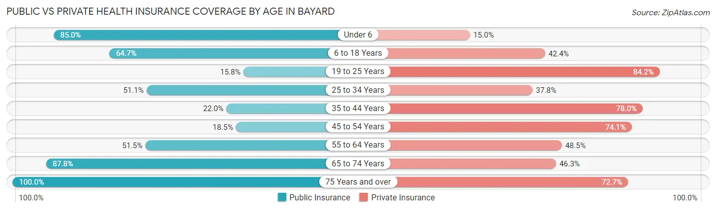 Public vs Private Health Insurance Coverage by Age in Bayard