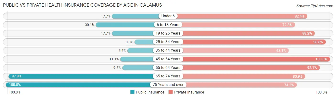 Public vs Private Health Insurance Coverage by Age in Calamus