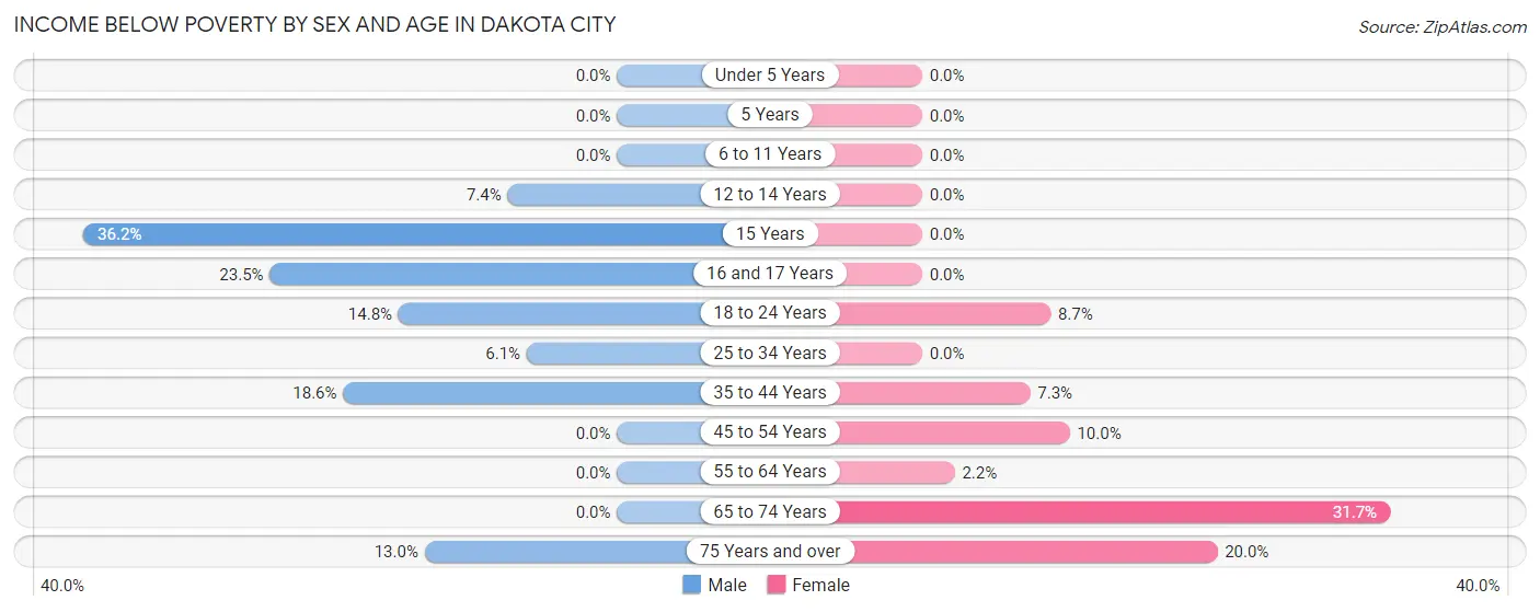 Income Below Poverty by Sex and Age in Dakota City