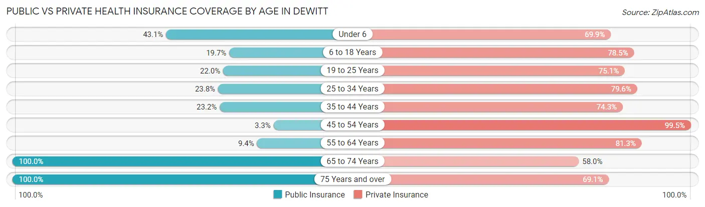 Public vs Private Health Insurance Coverage by Age in DeWitt