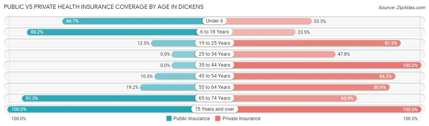 Public vs Private Health Insurance Coverage by Age in Dickens