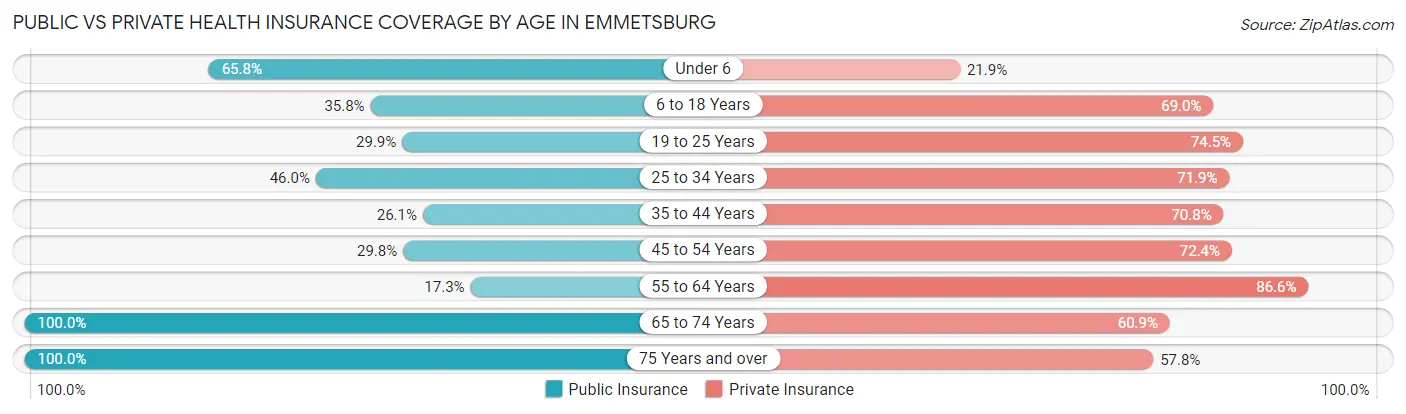 Public vs Private Health Insurance Coverage by Age in Emmetsburg