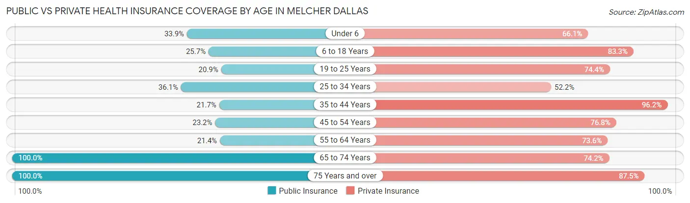Public vs Private Health Insurance Coverage by Age in Melcher Dallas