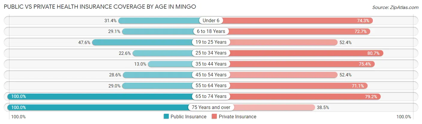Public vs Private Health Insurance Coverage by Age in Mingo