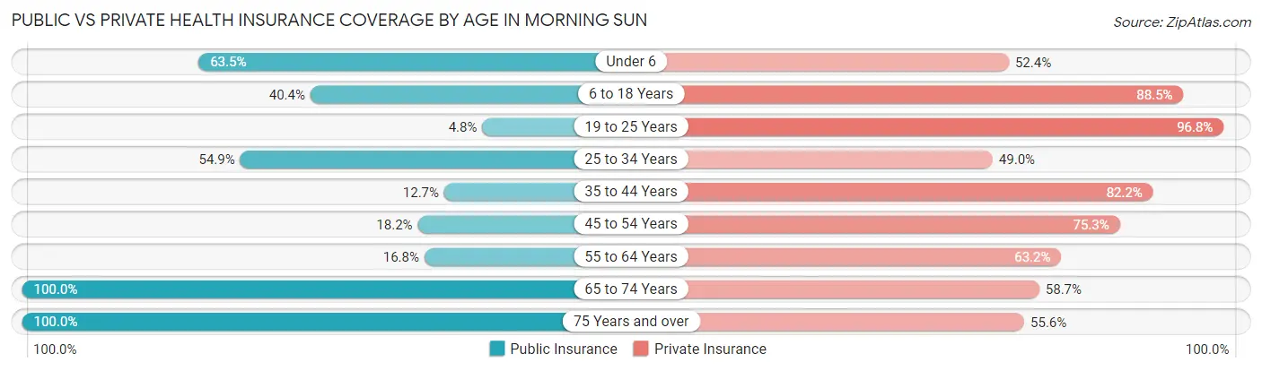 Public vs Private Health Insurance Coverage by Age in Morning Sun