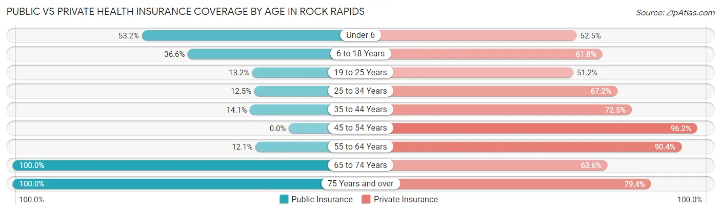 Public vs Private Health Insurance Coverage by Age in Rock Rapids