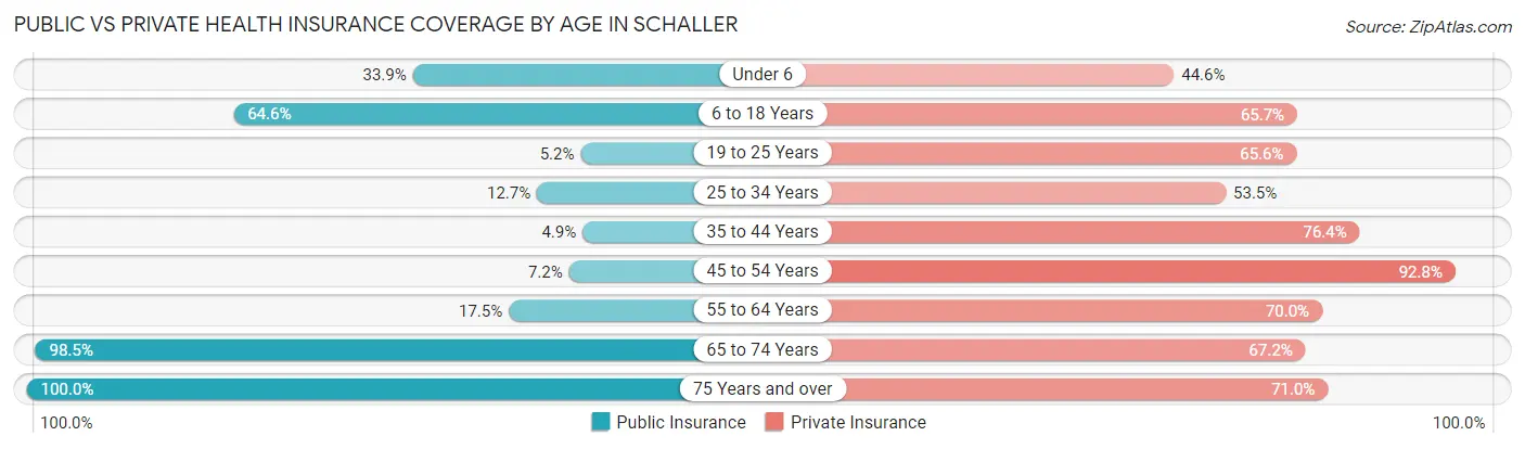 Public vs Private Health Insurance Coverage by Age in Schaller