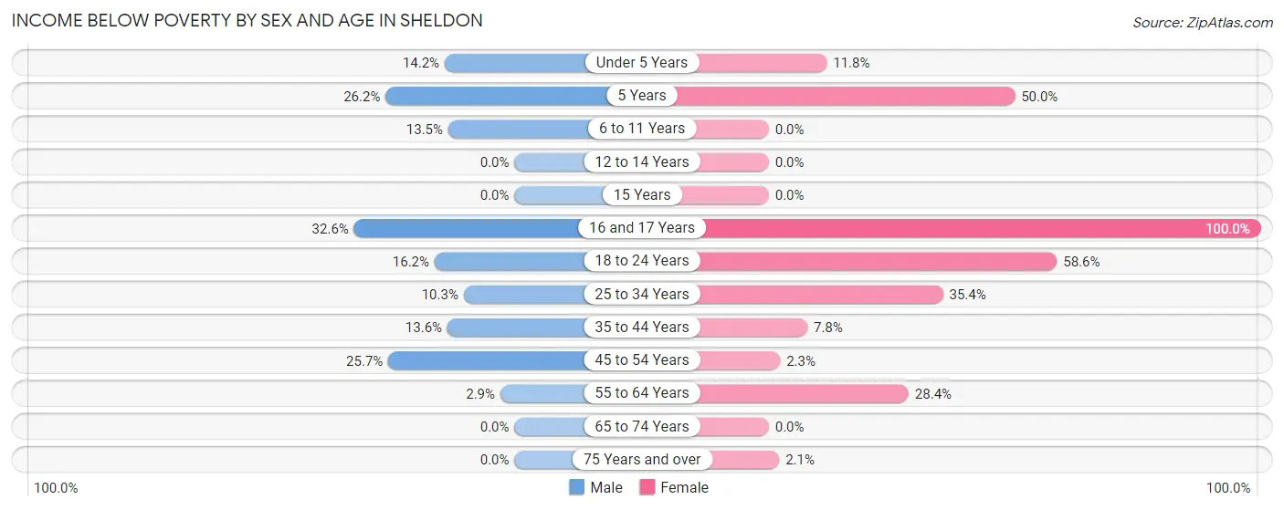 Income Below Poverty by Sex and Age in Sheldon