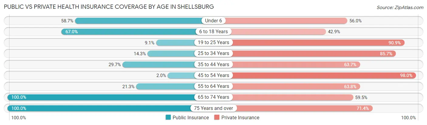 Public vs Private Health Insurance Coverage by Age in Shellsburg