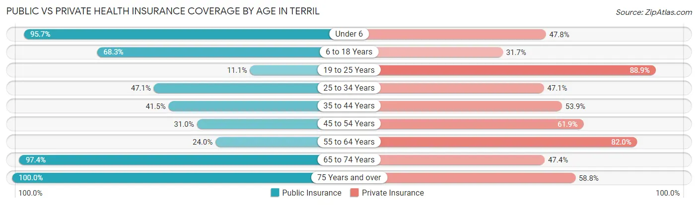 Public vs Private Health Insurance Coverage by Age in Terril