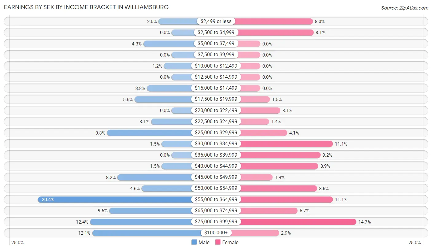 Earnings by Sex by Income Bracket in Williamsburg