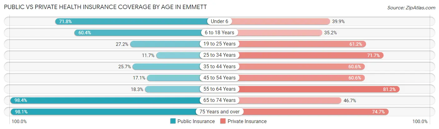 Public vs Private Health Insurance Coverage by Age in Emmett