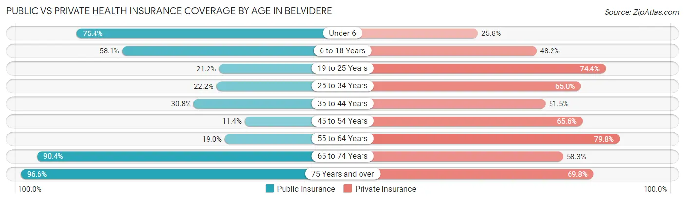 Public vs Private Health Insurance Coverage by Age in Belvidere