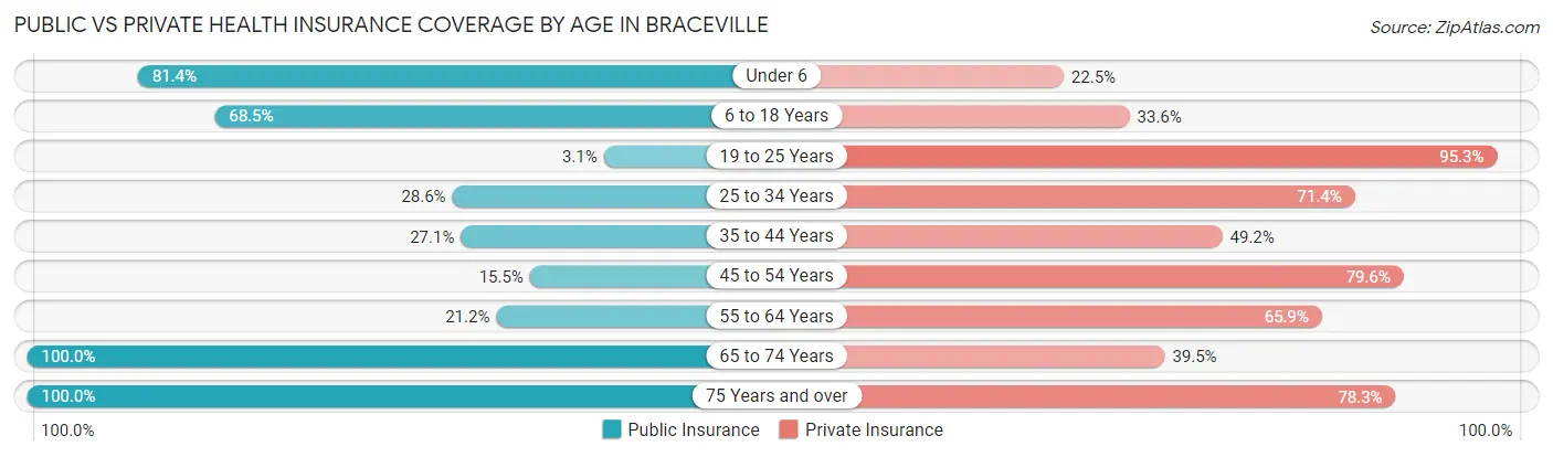 Public vs Private Health Insurance Coverage by Age in Braceville