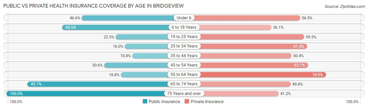 Public vs Private Health Insurance Coverage by Age in Bridgeview