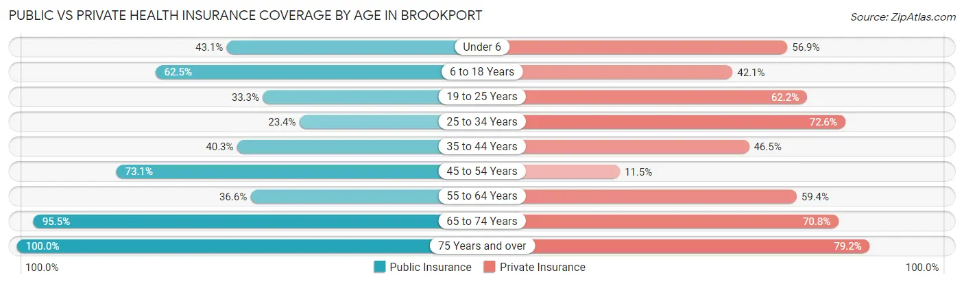 Public vs Private Health Insurance Coverage by Age in Brookport