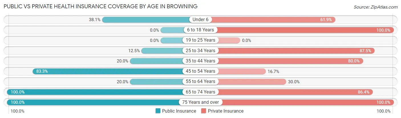 Public vs Private Health Insurance Coverage by Age in Browning