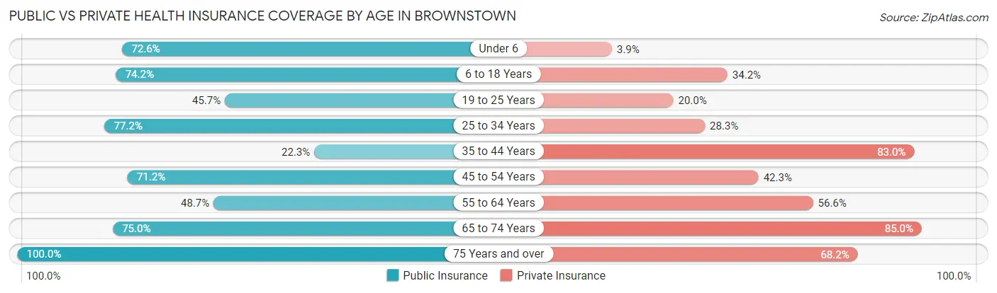 Public vs Private Health Insurance Coverage by Age in Brownstown