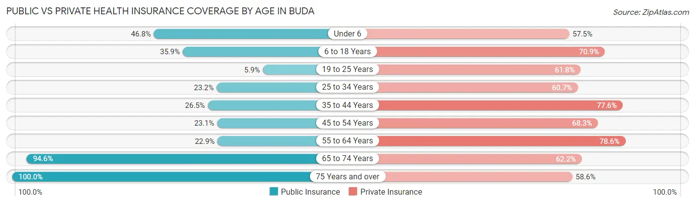 Public vs Private Health Insurance Coverage by Age in Buda