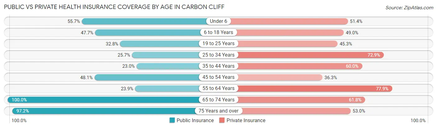 Public vs Private Health Insurance Coverage by Age in Carbon Cliff