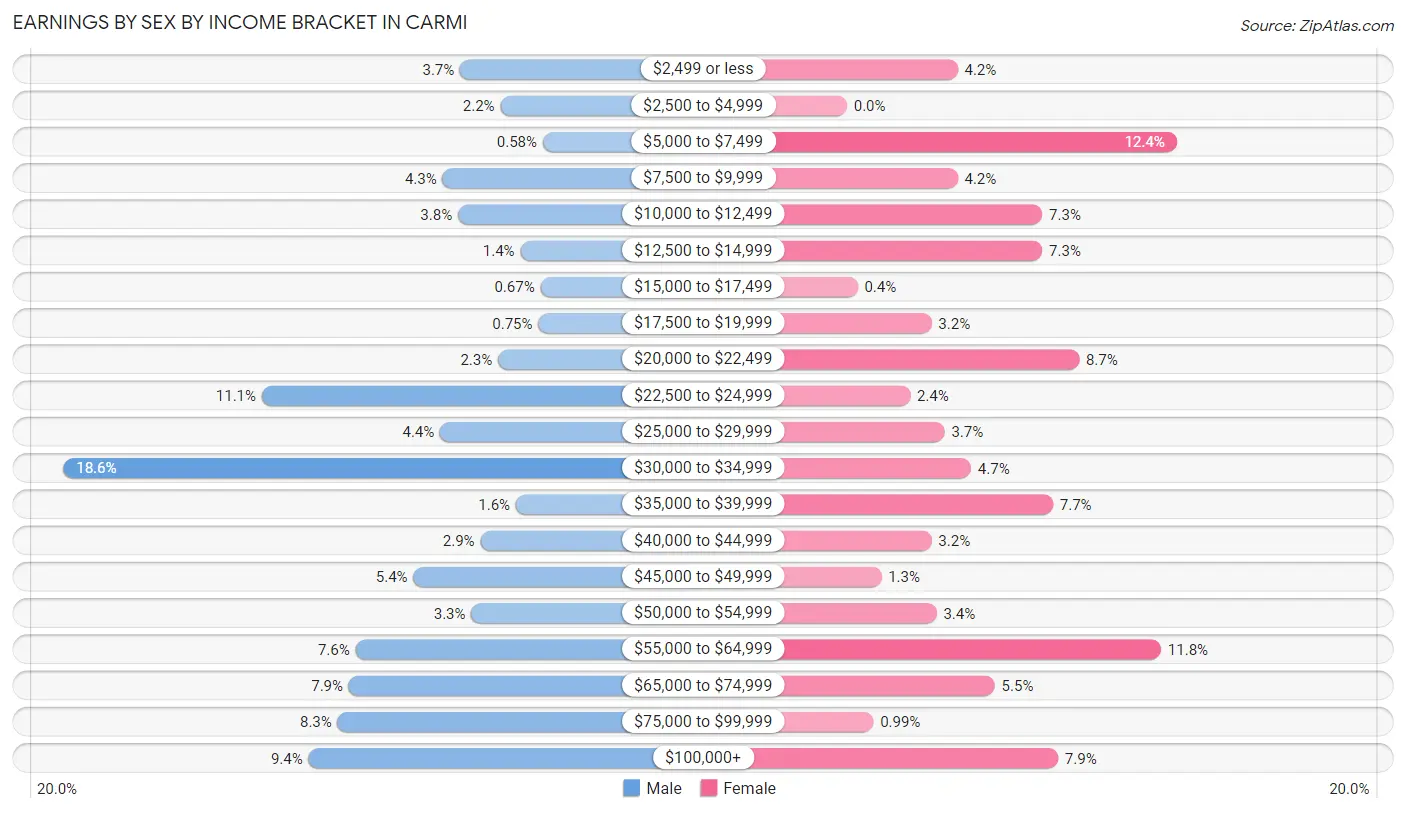 Earnings by Sex by Income Bracket in Carmi