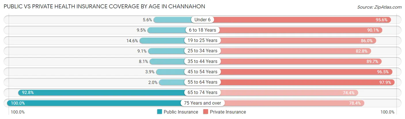 Public vs Private Health Insurance Coverage by Age in Channahon