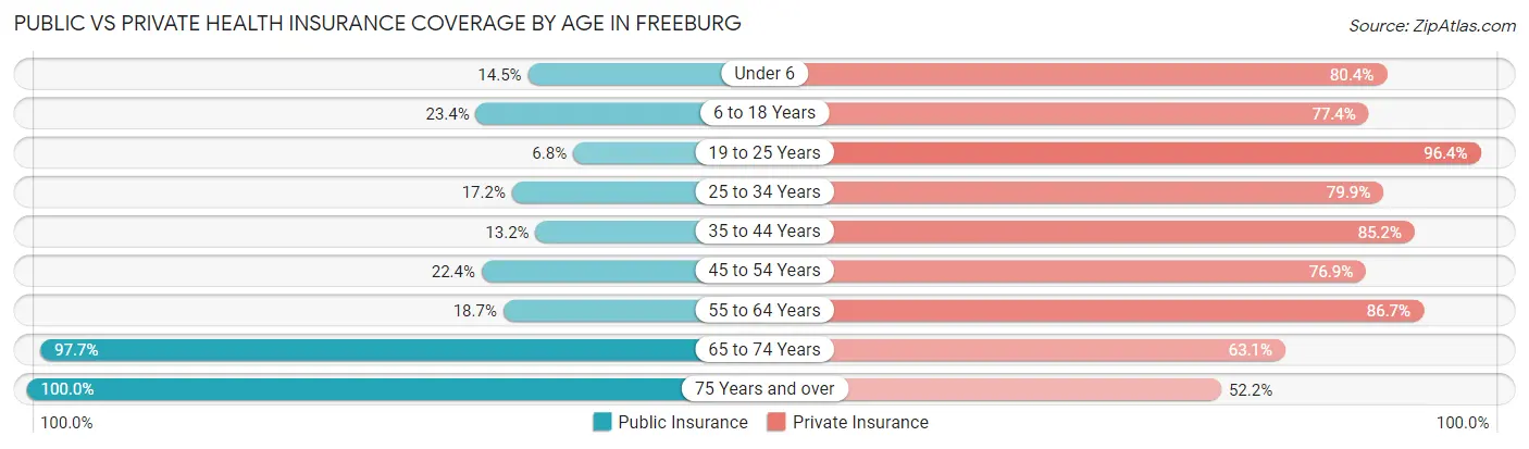 Public vs Private Health Insurance Coverage by Age in Freeburg
