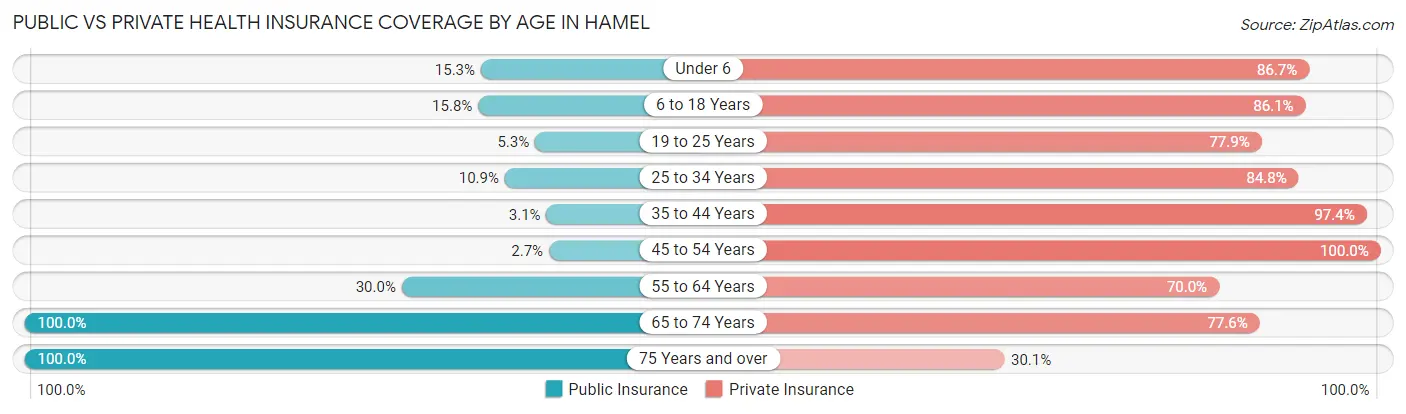 Public vs Private Health Insurance Coverage by Age in Hamel
