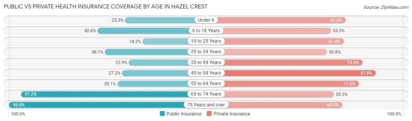Public vs Private Health Insurance Coverage by Age in Hazel Crest
