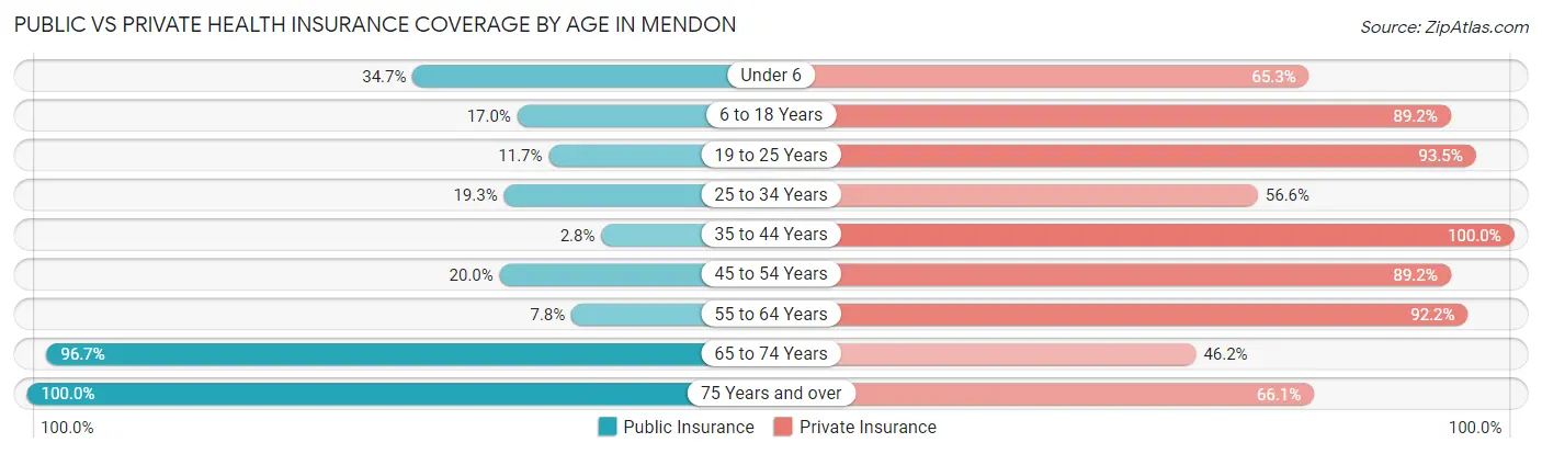 Public vs Private Health Insurance Coverage by Age in Mendon