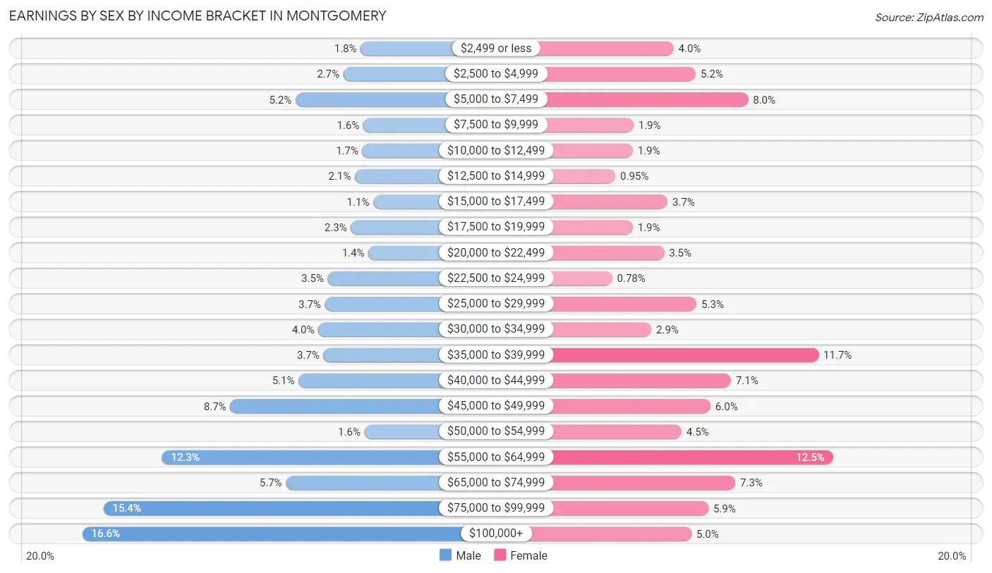 Earnings by Sex by Income Bracket in Montgomery