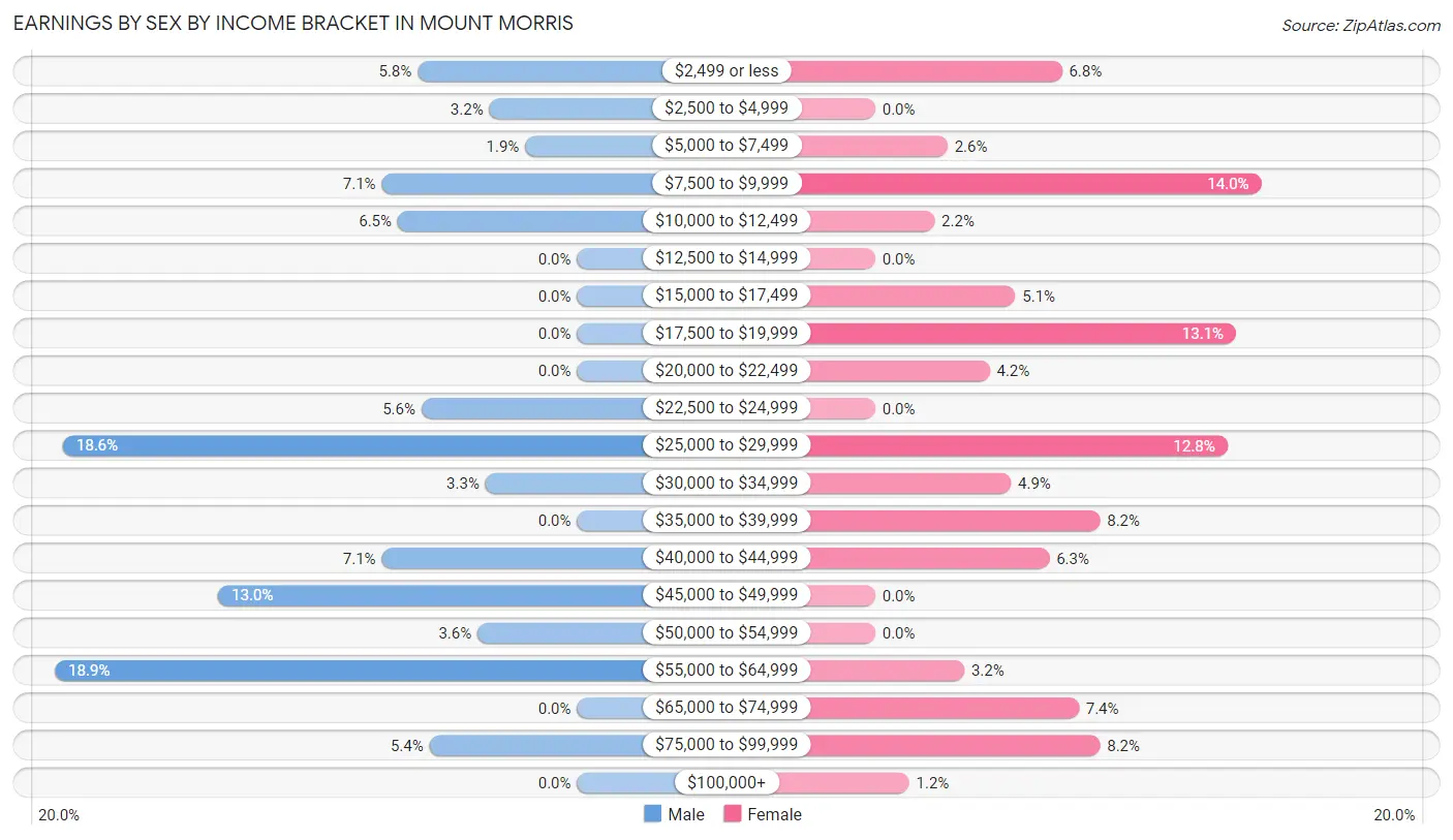 Earnings by Sex by Income Bracket in Mount Morris