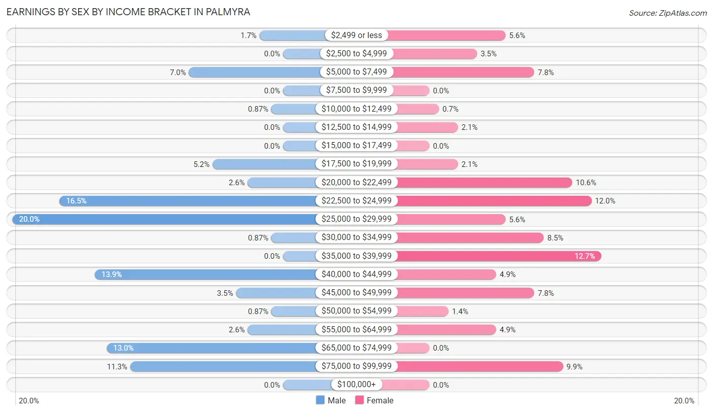 Earnings by Sex by Income Bracket in Palmyra