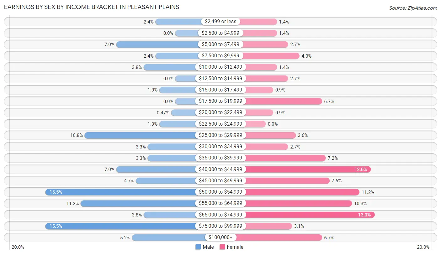 Earnings by Sex by Income Bracket in Pleasant Plains