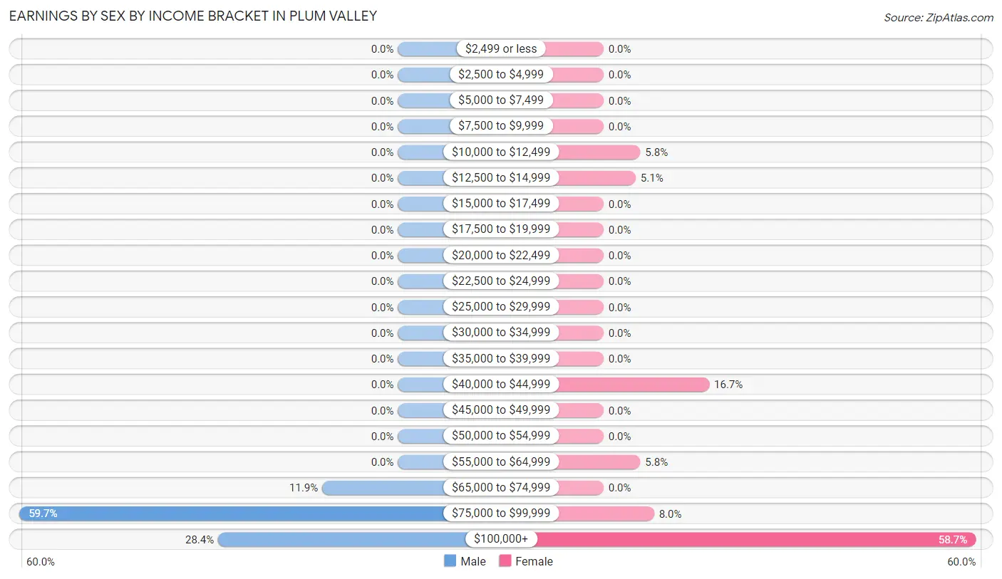 Earnings by Sex by Income Bracket in Plum Valley
