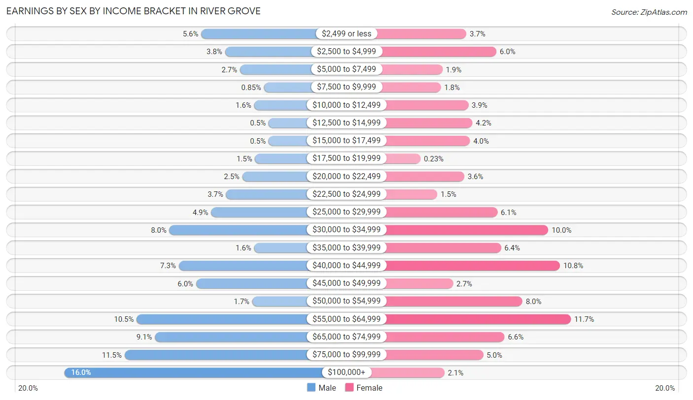 Earnings by Sex by Income Bracket in River Grove