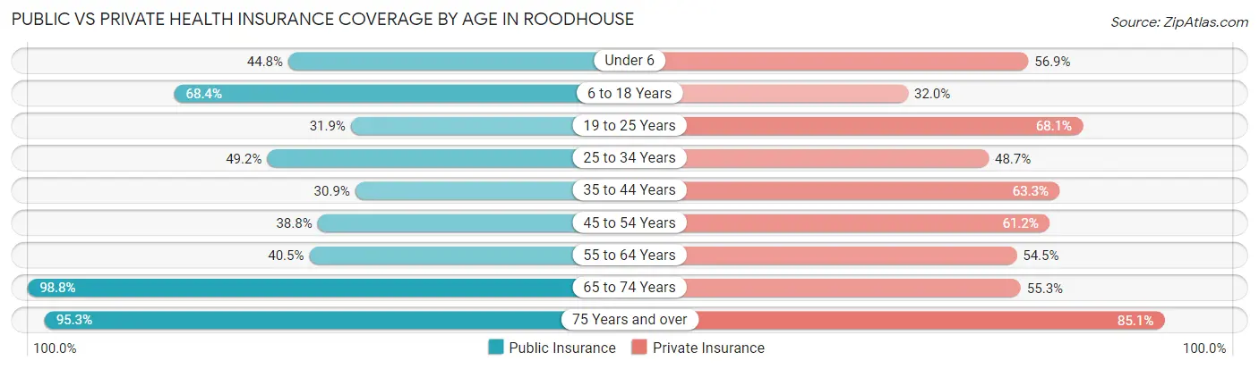 Public vs Private Health Insurance Coverage by Age in Roodhouse