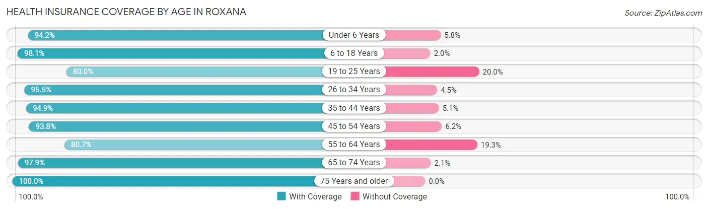 Health Insurance Coverage by Age in Roxana