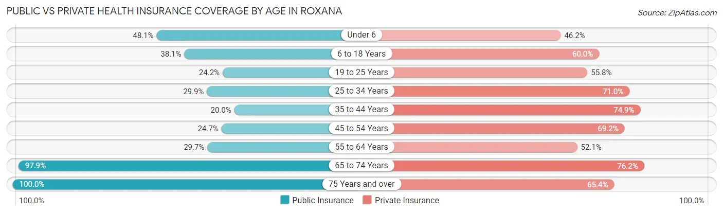 Public vs Private Health Insurance Coverage by Age in Roxana