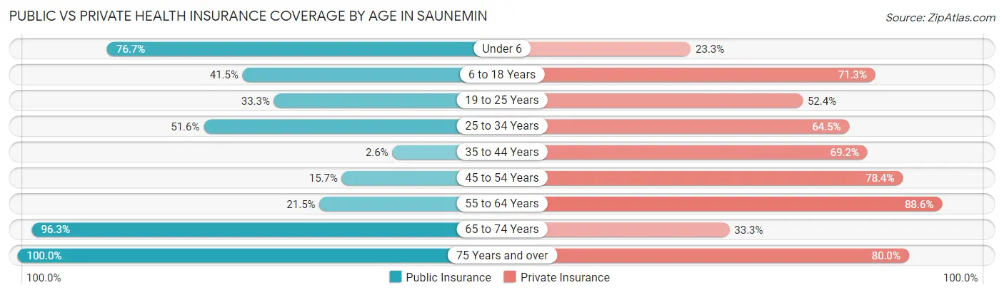 Public vs Private Health Insurance Coverage by Age in Saunemin