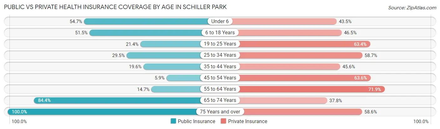 Public vs Private Health Insurance Coverage by Age in Schiller Park