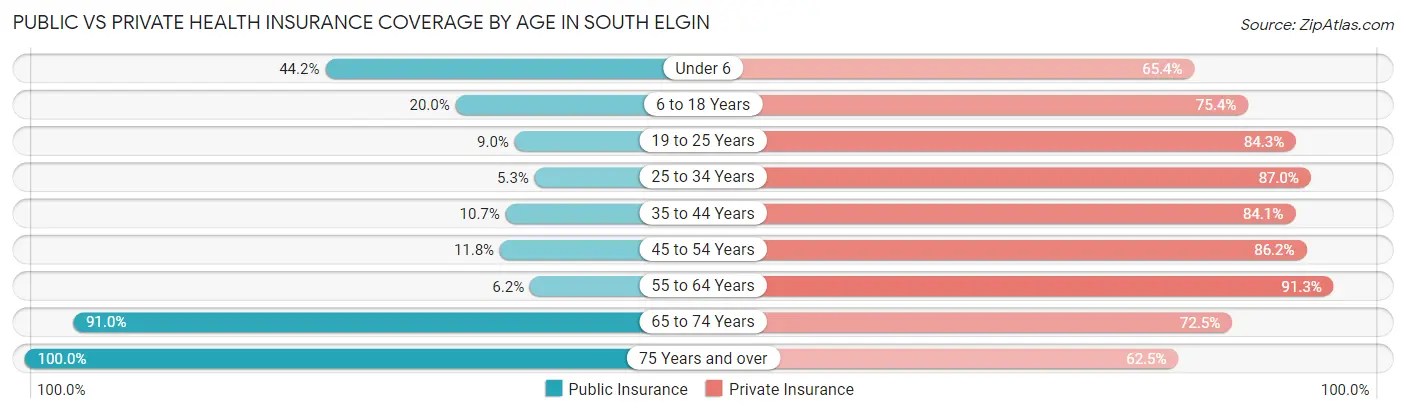 Public vs Private Health Insurance Coverage by Age in South Elgin