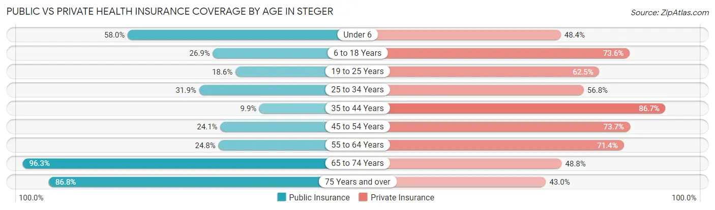 Public vs Private Health Insurance Coverage by Age in Steger