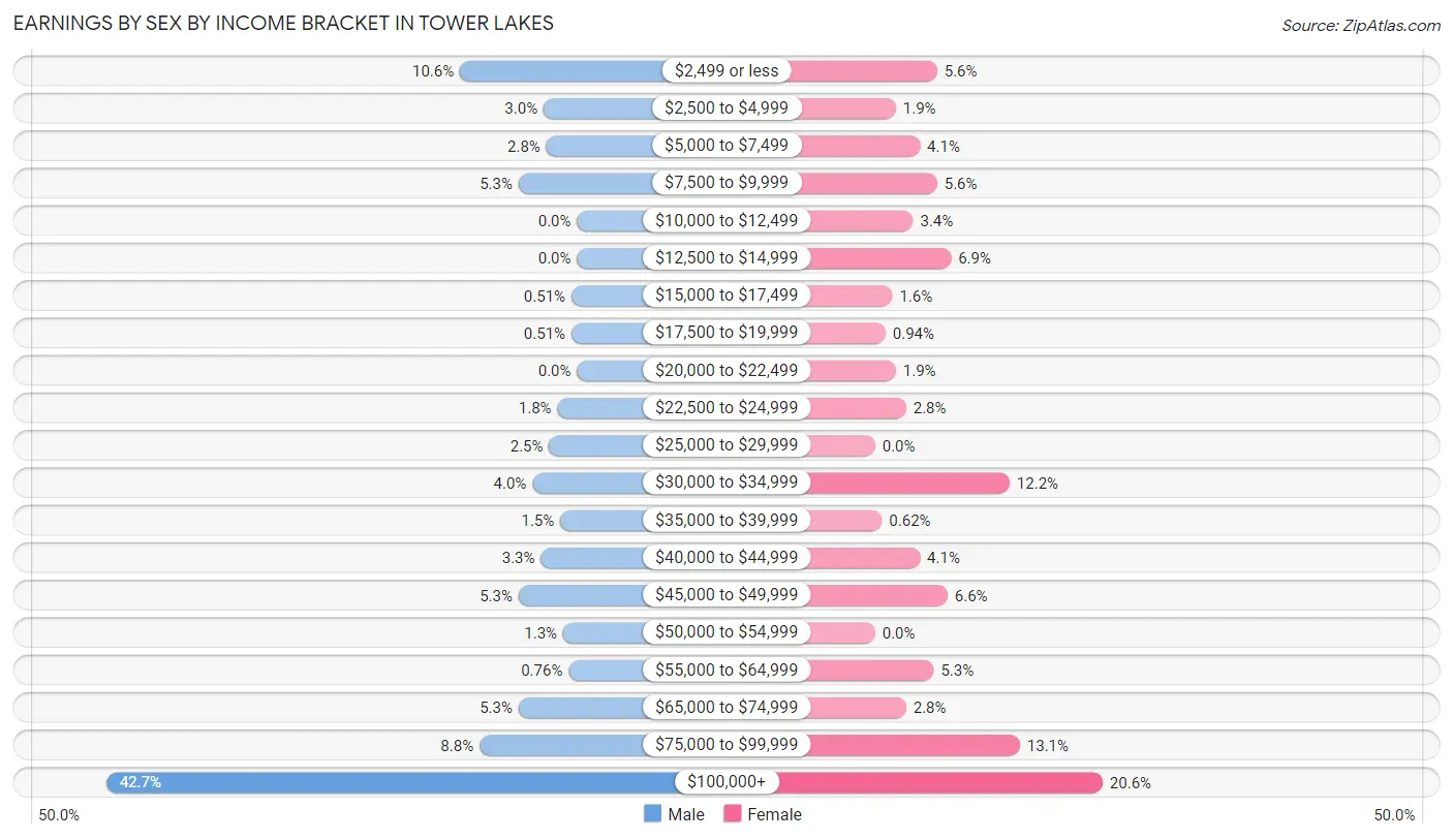 Earnings by Sex by Income Bracket in Tower Lakes