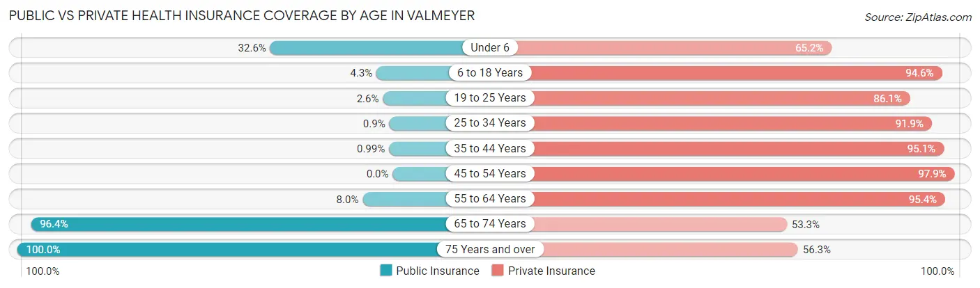 Public vs Private Health Insurance Coverage by Age in Valmeyer