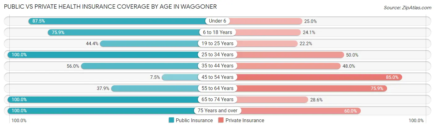 Public vs Private Health Insurance Coverage by Age in Waggoner