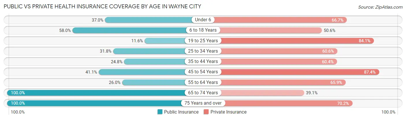 Public vs Private Health Insurance Coverage by Age in Wayne City