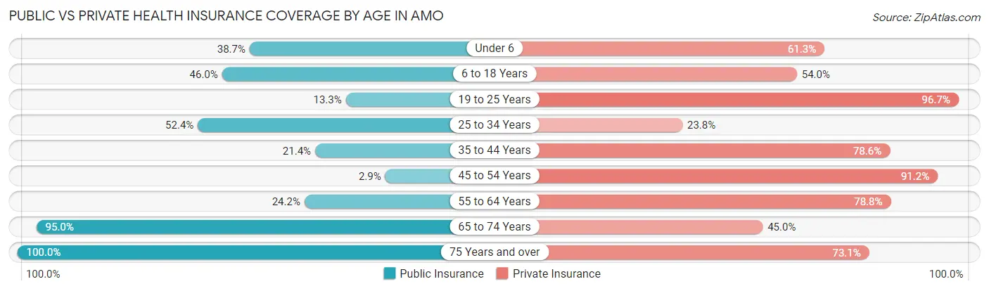 Public vs Private Health Insurance Coverage by Age in Amo